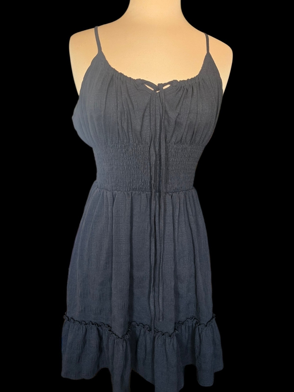 Smocked Black Mini Dress with Tie Front and Ruffle Hem